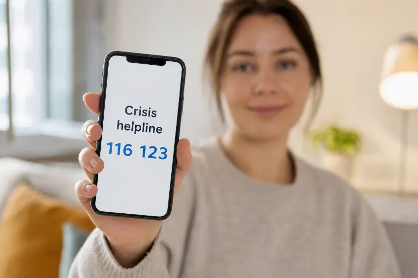 Roka s telefonom, ki prikazuje krizno telefonsko številko 116 123