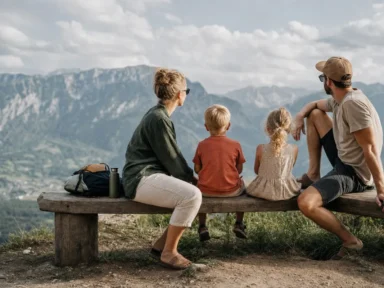 Družina ob razgledni točki v slovenskih gorah z zelenimi dolinami spodaj