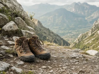 Pohodniški čevlji na kamniti gorski poti z razgledom na dolino v ozadju